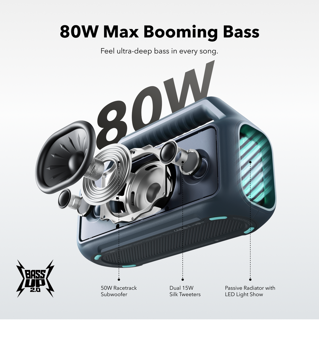 soundcore outdoor speaker with 80W bass and LED light show