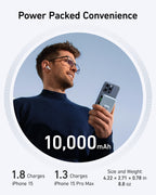 Anker holding iPhone 15 with 10,000mAh power bank for portable charging.