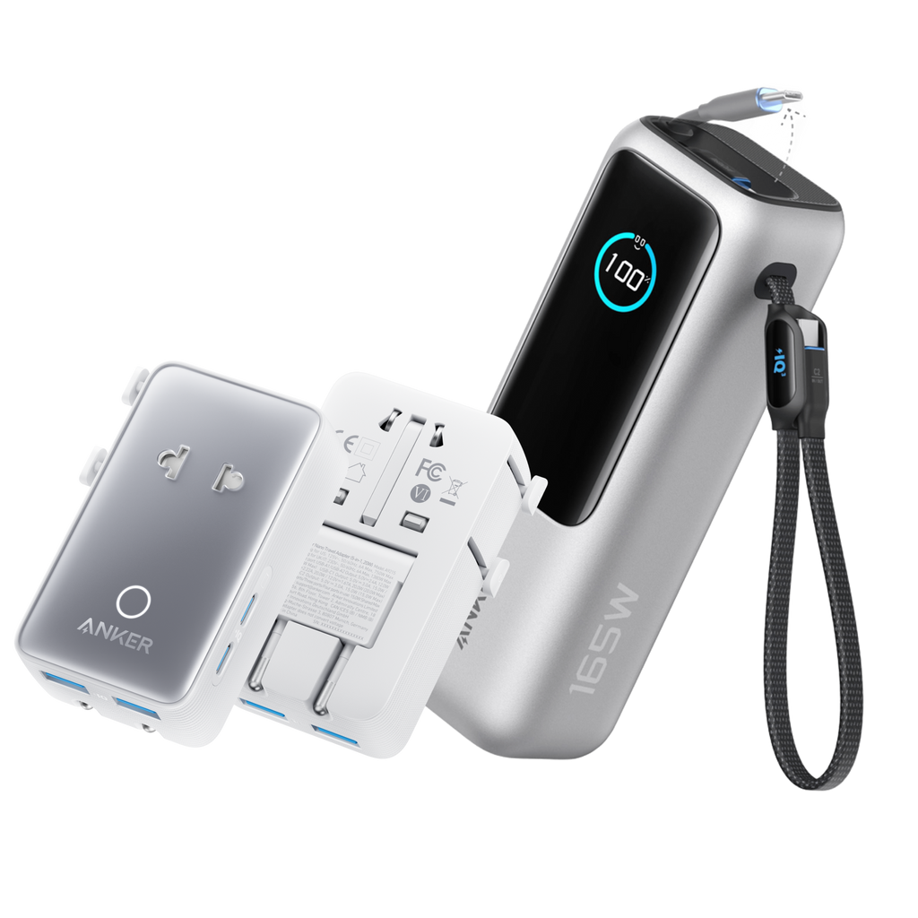 Anker Laptop Power Bank (25K, 165W, Built-In and Retractable Cables) and Anker Nano Travel Adapter (5-in-1, 20W, 1-Pack)