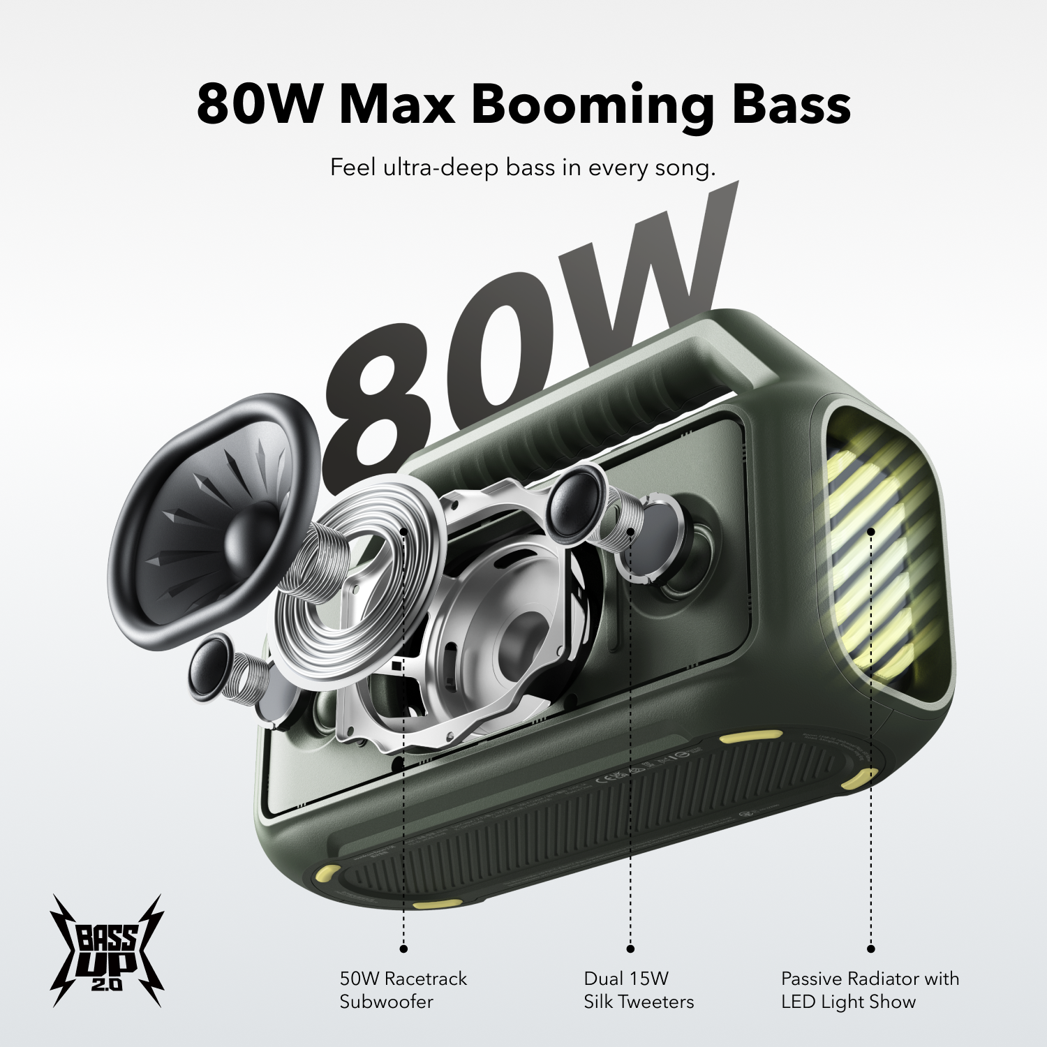 soundcore best outdoor speaker with 80W subwoofer and LED radiator