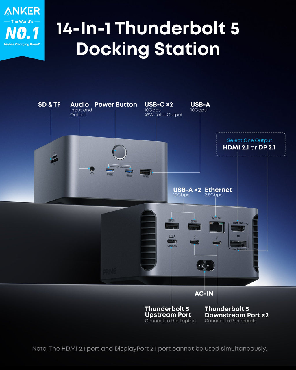 Anker Prime TB5 Docking Station (14-in-1, 8K, Thunderbolt 5 ) and Thunderbolt 5 Cable (3.3 ft, 80Gbps, 240W)