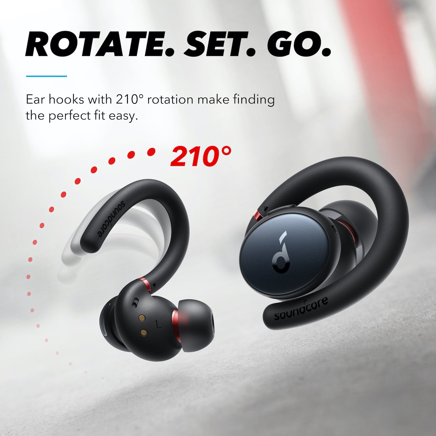 soundcore earphones with 210° rotating ear hooks for custom fit