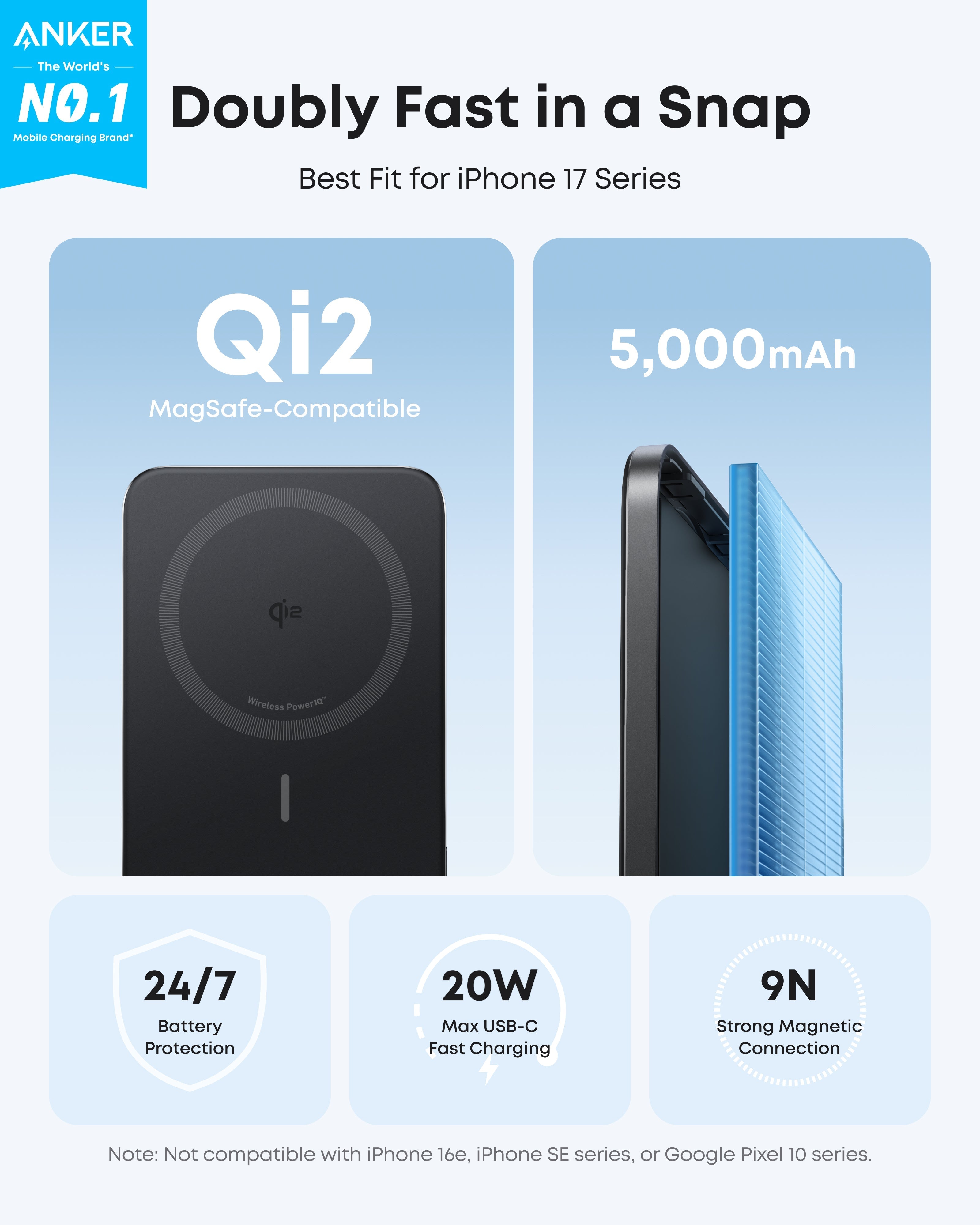 Anker Qi2 MagSafe power bank with 5000mAh for battery protection