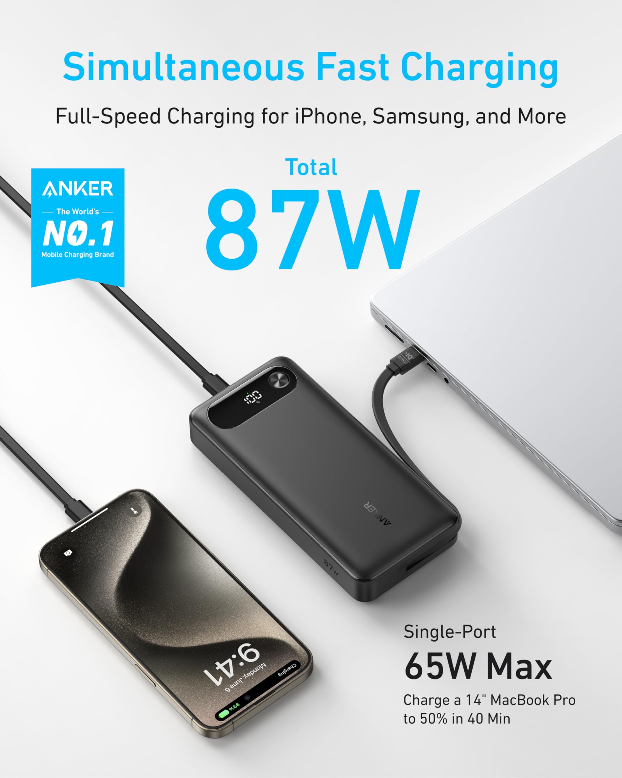 Anker fast charging power bank with 87W for laptops and phones