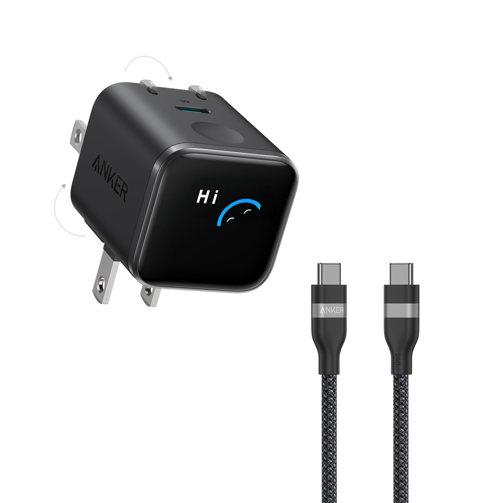 Anker Nano Charger (45W, Smart Display, 180° Foldable) and USB-C to USB-C Cable