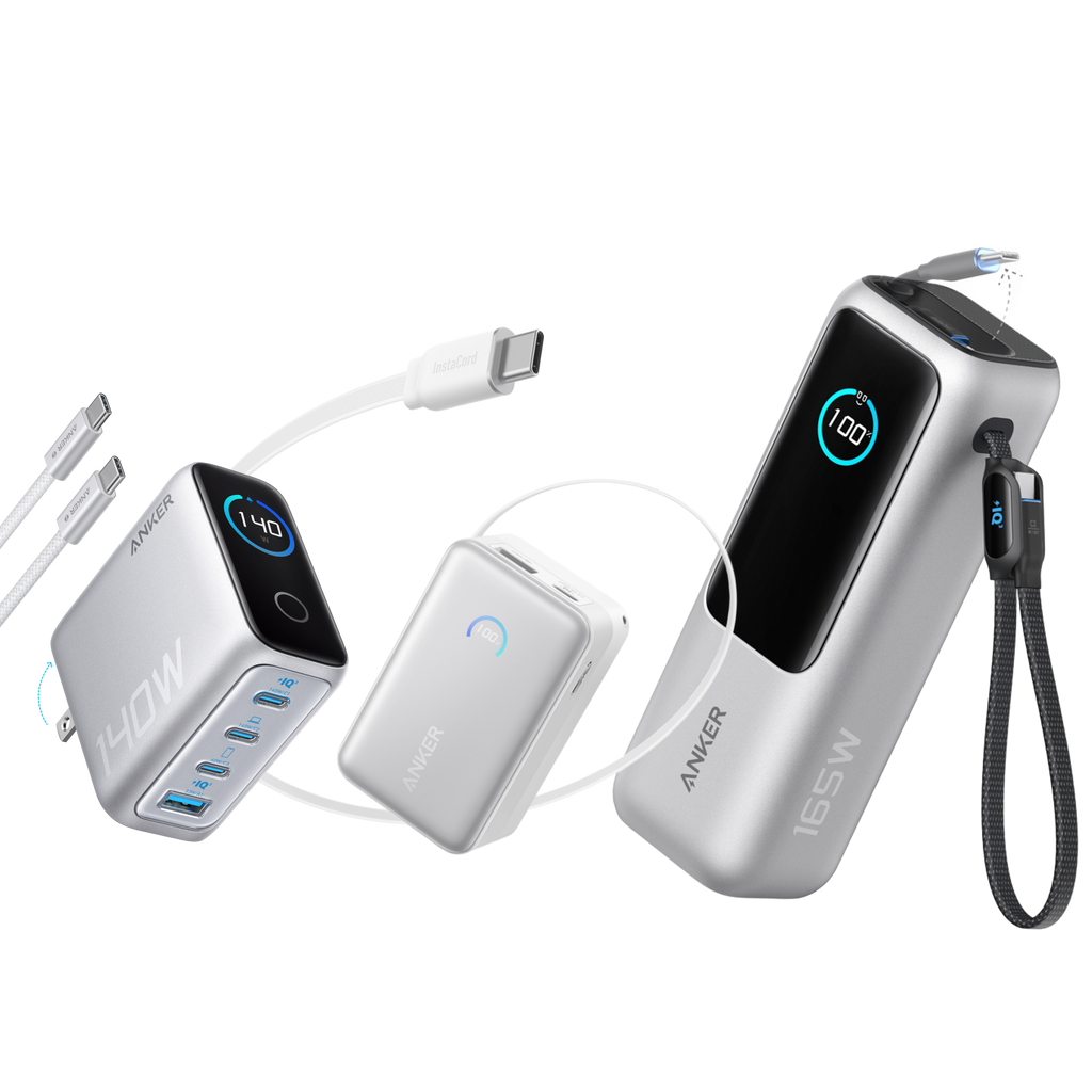 Anker Laptop Power Bank (25K, 165W, Built-In and Retractable Cables) and Anker Laptop Charger (140W, 4-Port, PD 3.1) with USB-C Cable and Anker Nano Power Bank (10K, 45W, Built-In Retractable USB-C Cable)