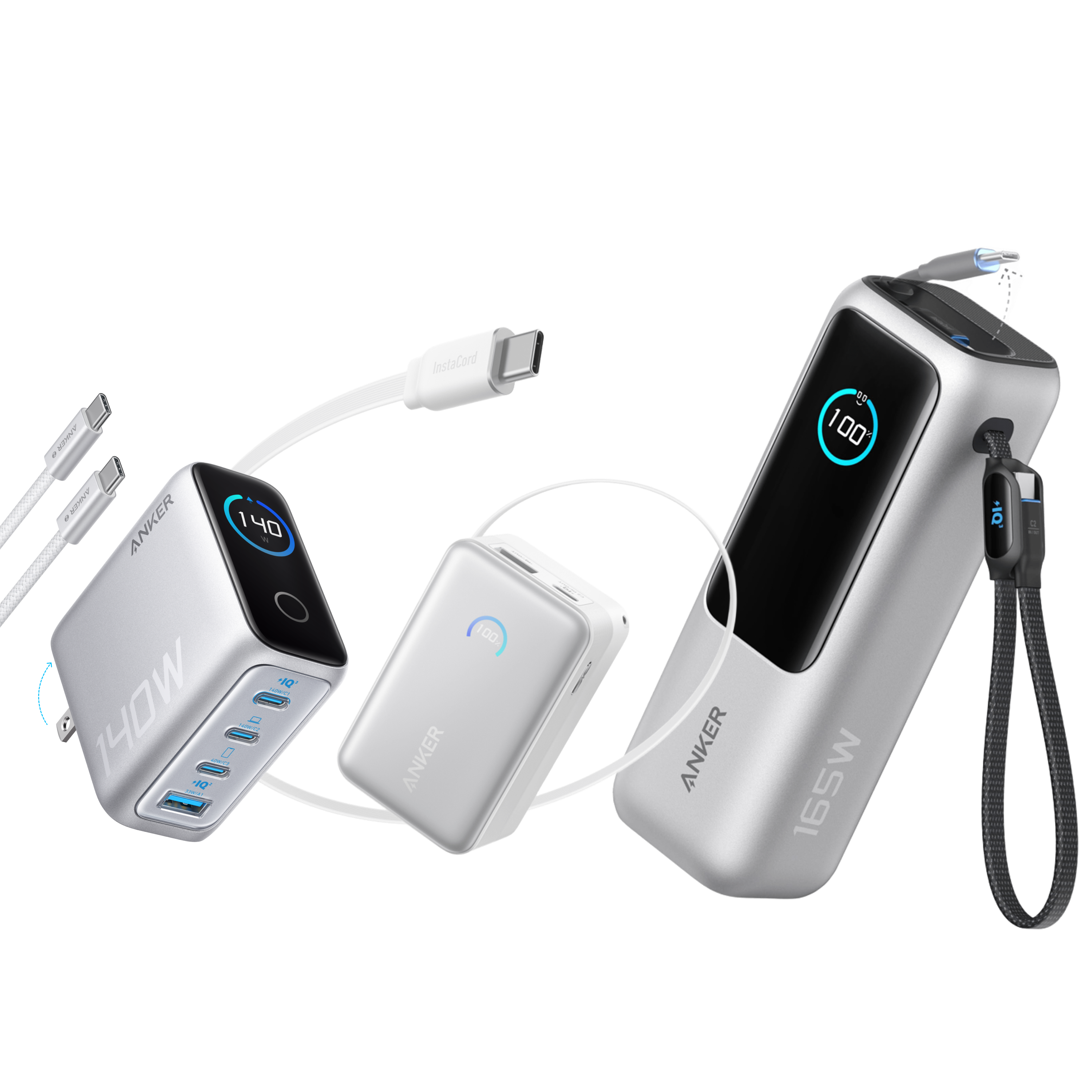 Anker Laptop Power Bank (25K, 165W, Built-In and Retractable Cables) and Anker Laptop Charger (140W, 4-Port, PD 3.1) with USB-C Cable and Anker Nano Power Bank (10K, 45W, Built-In Retractable USB-C Cable)