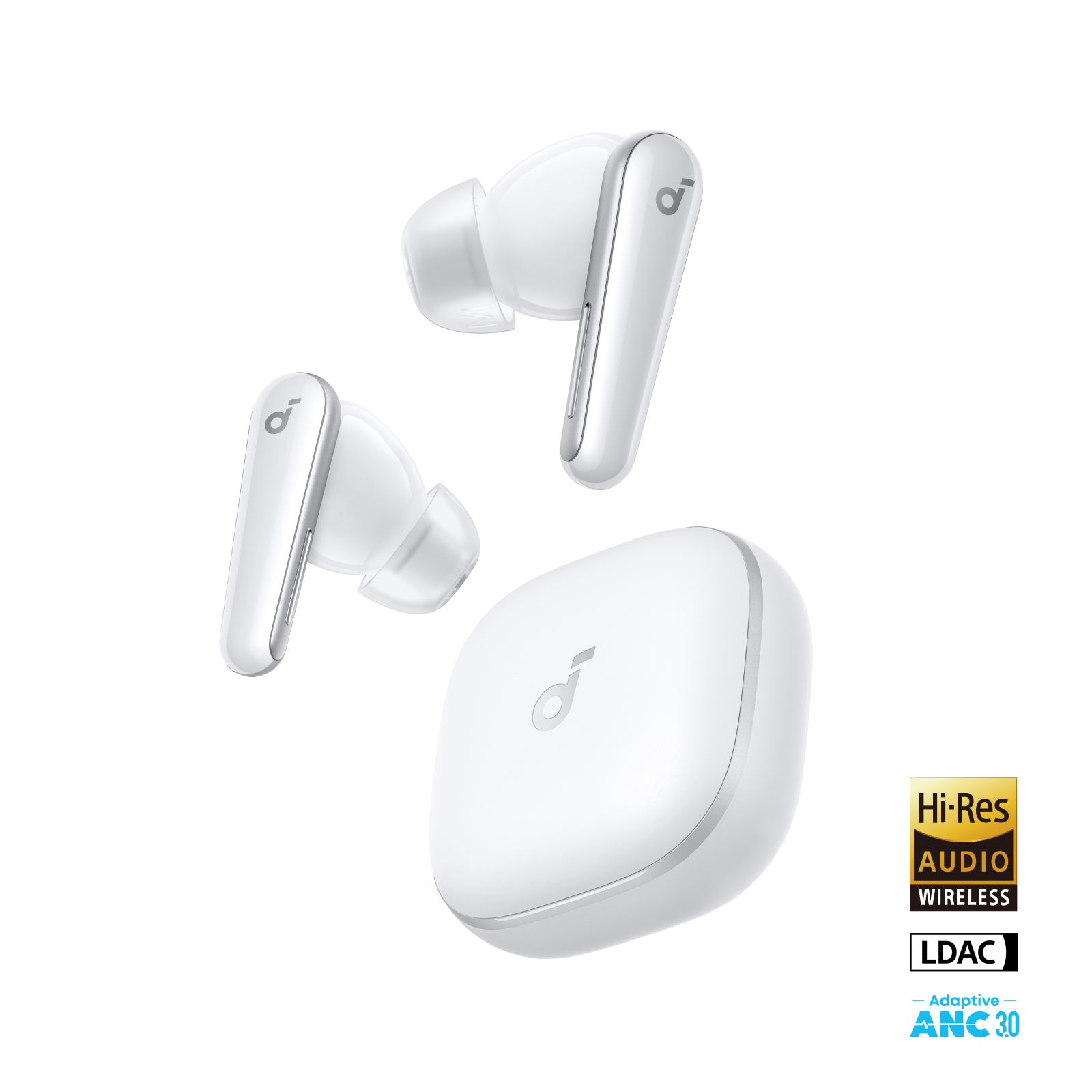soundcore white wireless earbuds with Hi-Res audio
