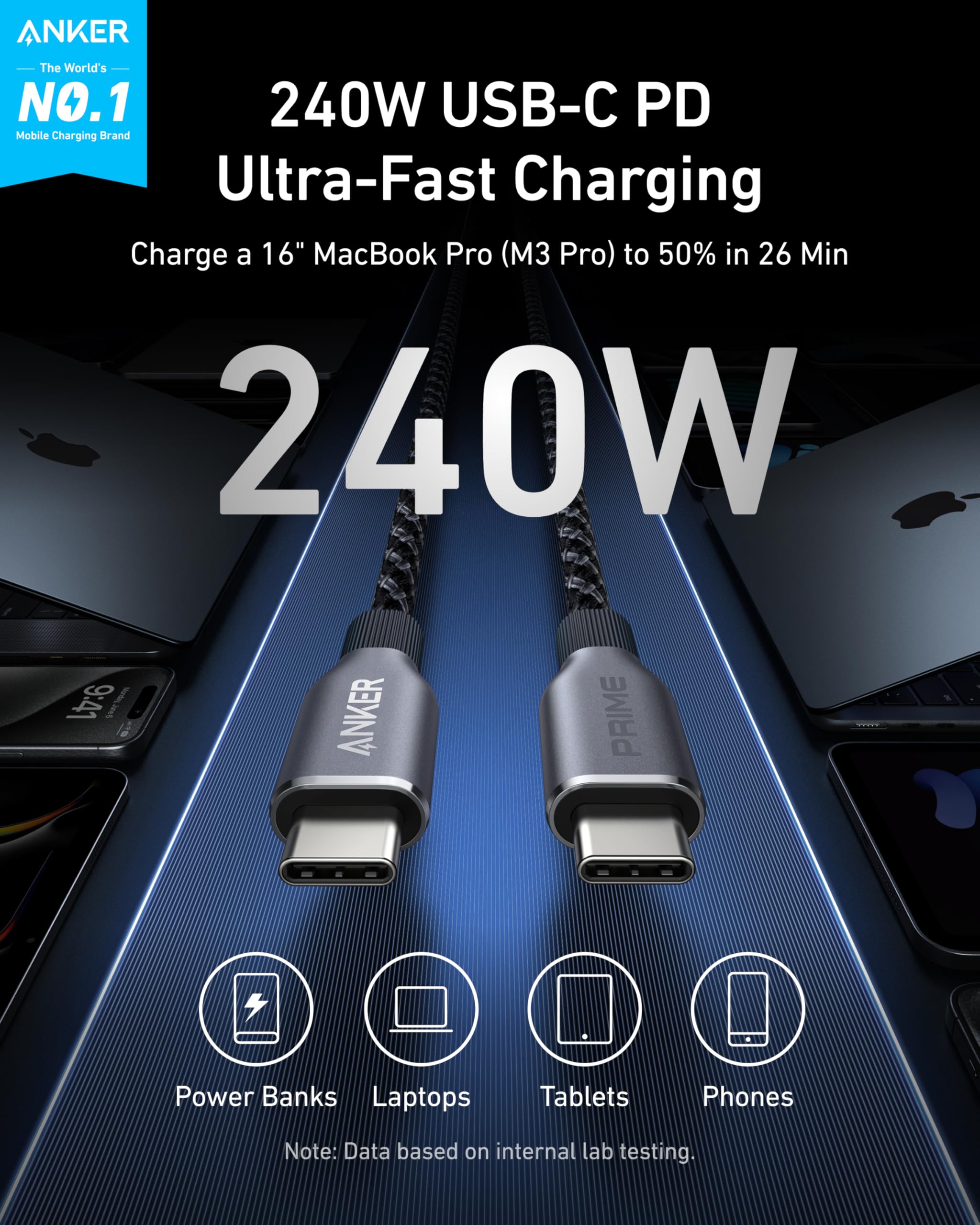 Anker Prime Charger (160W, 3 Ports, Smart Display) and Anker Prime USB-C to USB-C Cable (240W, Upcycled-Braided)