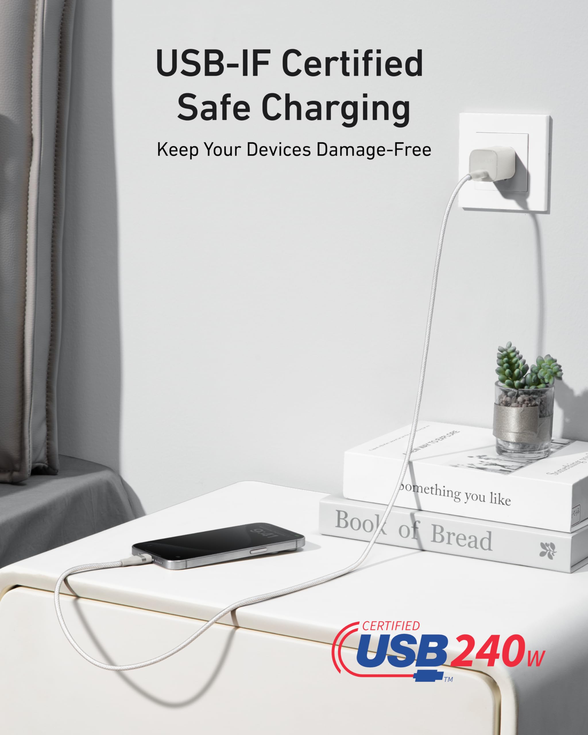 Anker Charger (140W, 4-Port, PD 3.1) with USB-C Cable and Anker USB-C to USB-C Cable (6 ft, 240W, Upcycled-Braided)