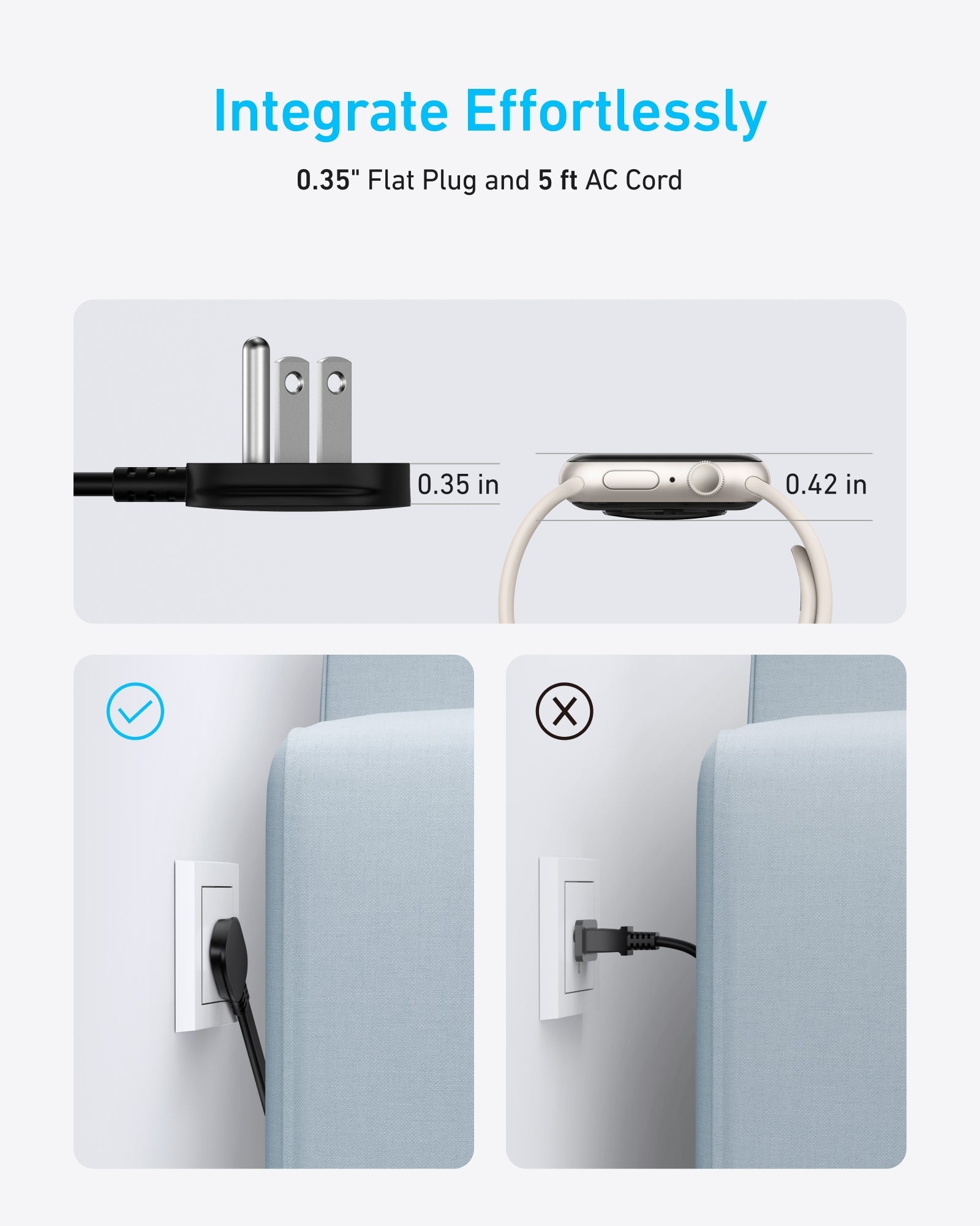 Anker with flat plug for fitting behind furniture