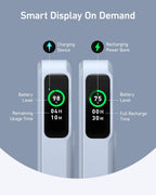 Anker power bank smart display with battery level and remaining usage time.