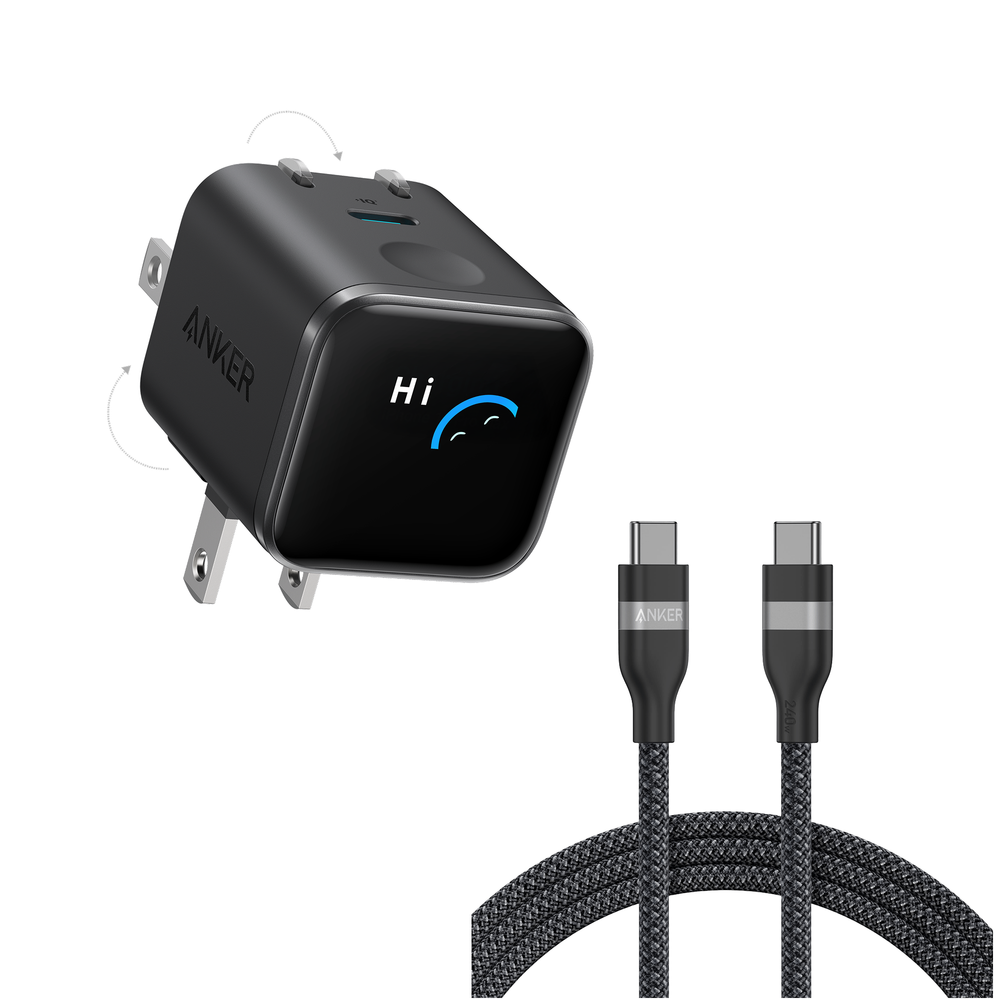 Anker Nano Charger (45W, Smart Display, 180° Foldable) and USB-C to USB-C Cable