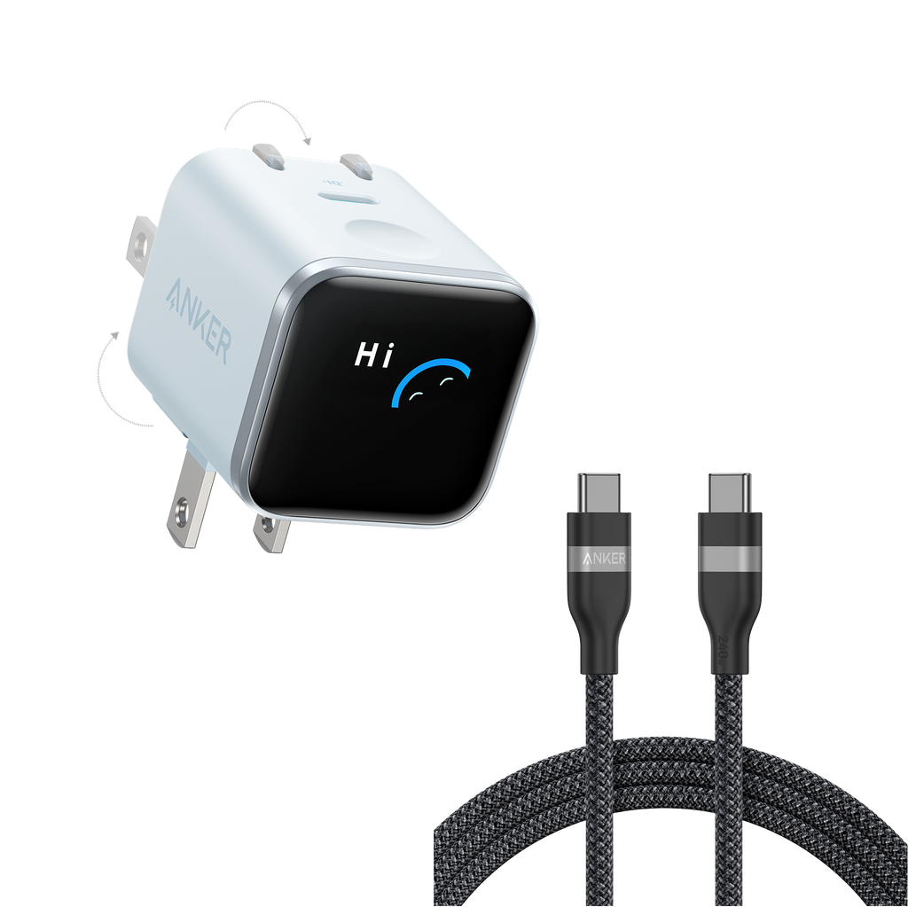 Anker Nano Charger (45W, Smart Display, 180° Foldable) and USB-C to USB-C Cable