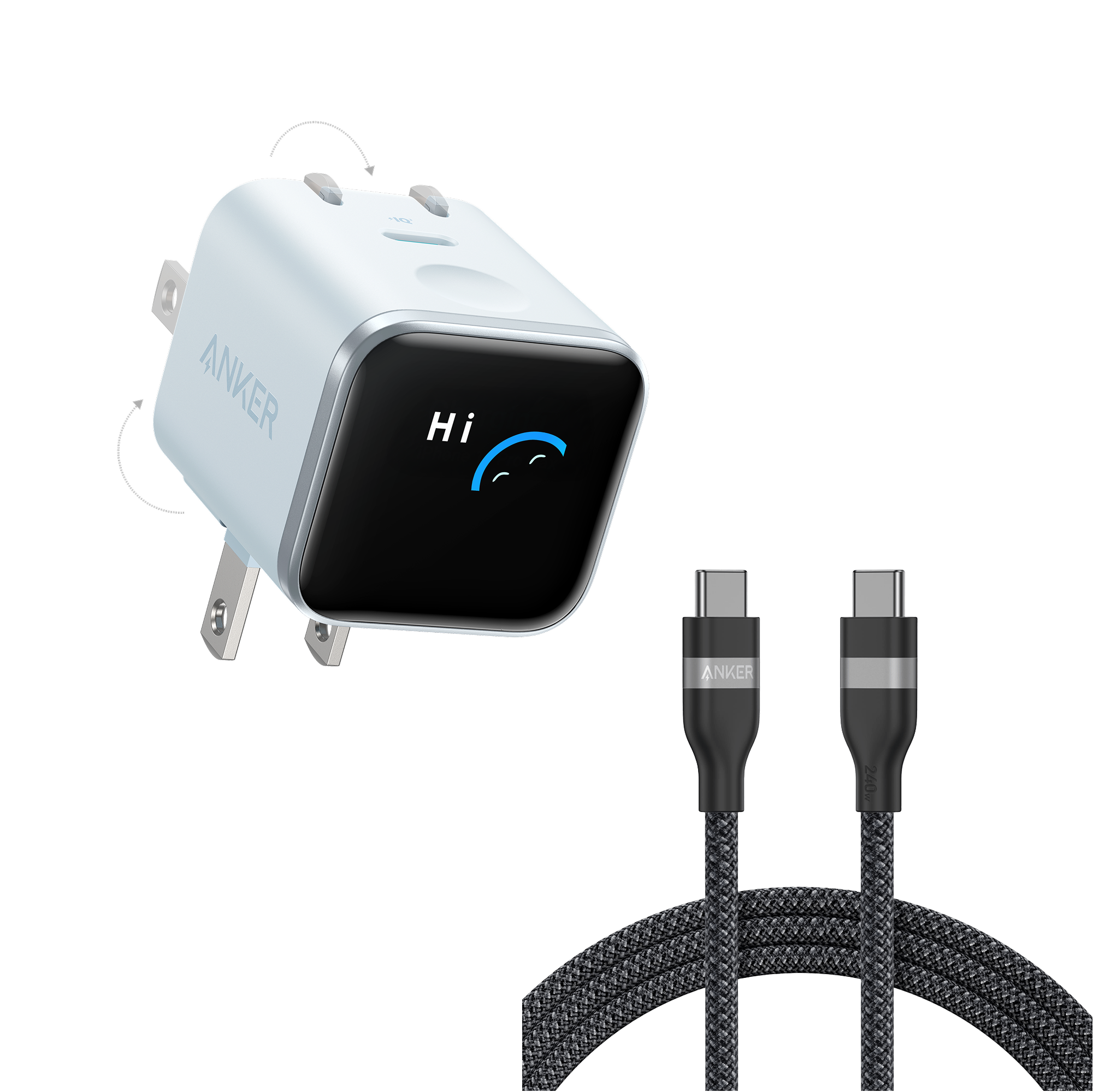 Anker Nano Charger (45W, Smart Display, 180° Foldable) and USB-C to USB-C Cable