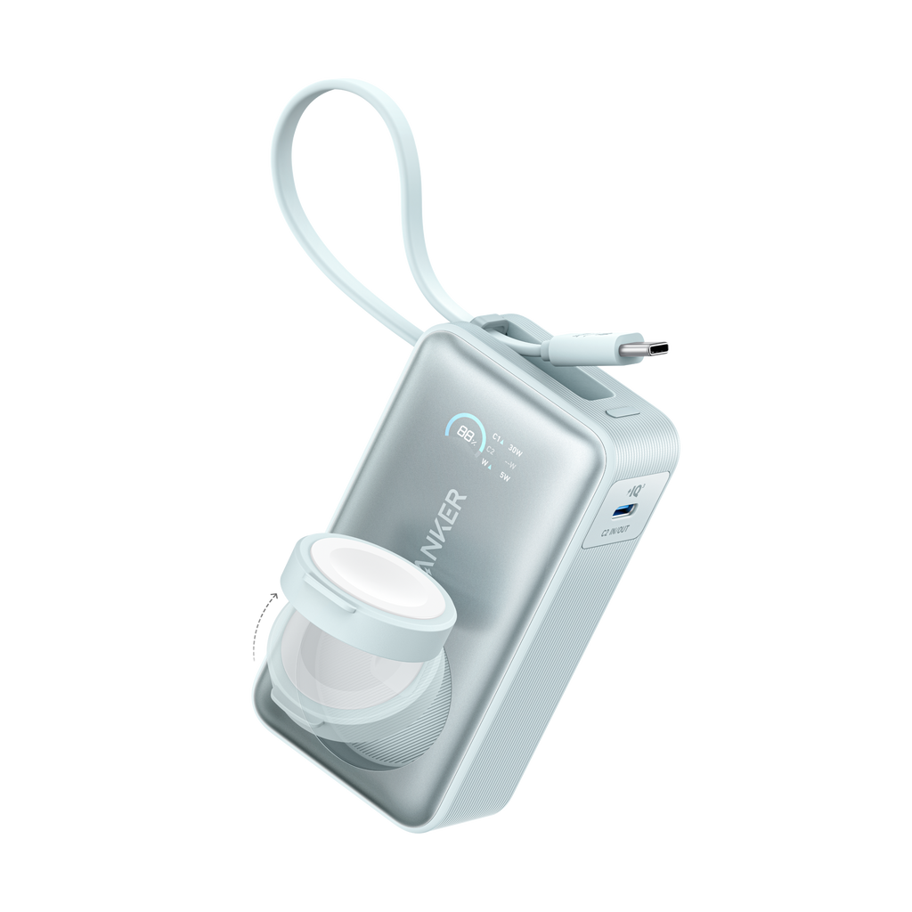 Anker with blue charging cable and smart watch stand