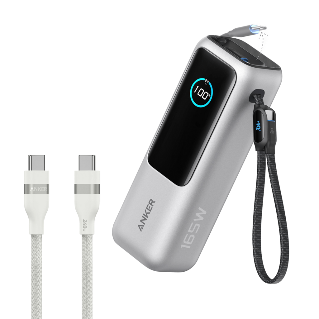 Anker Laptop Power Bank (25K, 165W, Built-In and Retractable Cables) and Anker USB-C to USB-C Cable (6 ft, 240W, Upcycled-Braided)