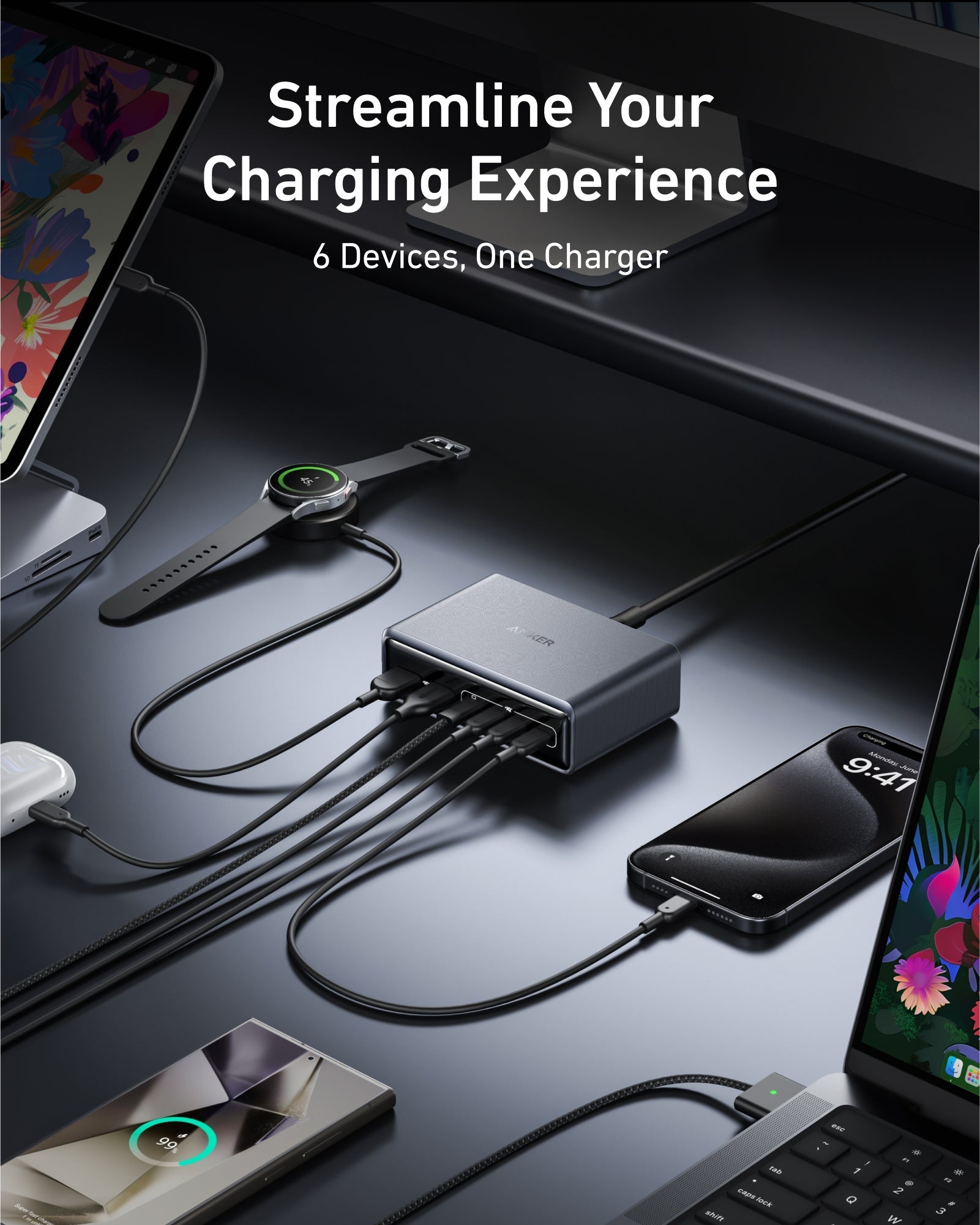 Anker charger powering six devices for streamlined charging