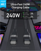 Anker Charger (140W, 4-Port, PD 3.1) with USB-C Cable and Anker USB-C to USB-C Cable (6 ft, 240W, Upcycled-Braided)