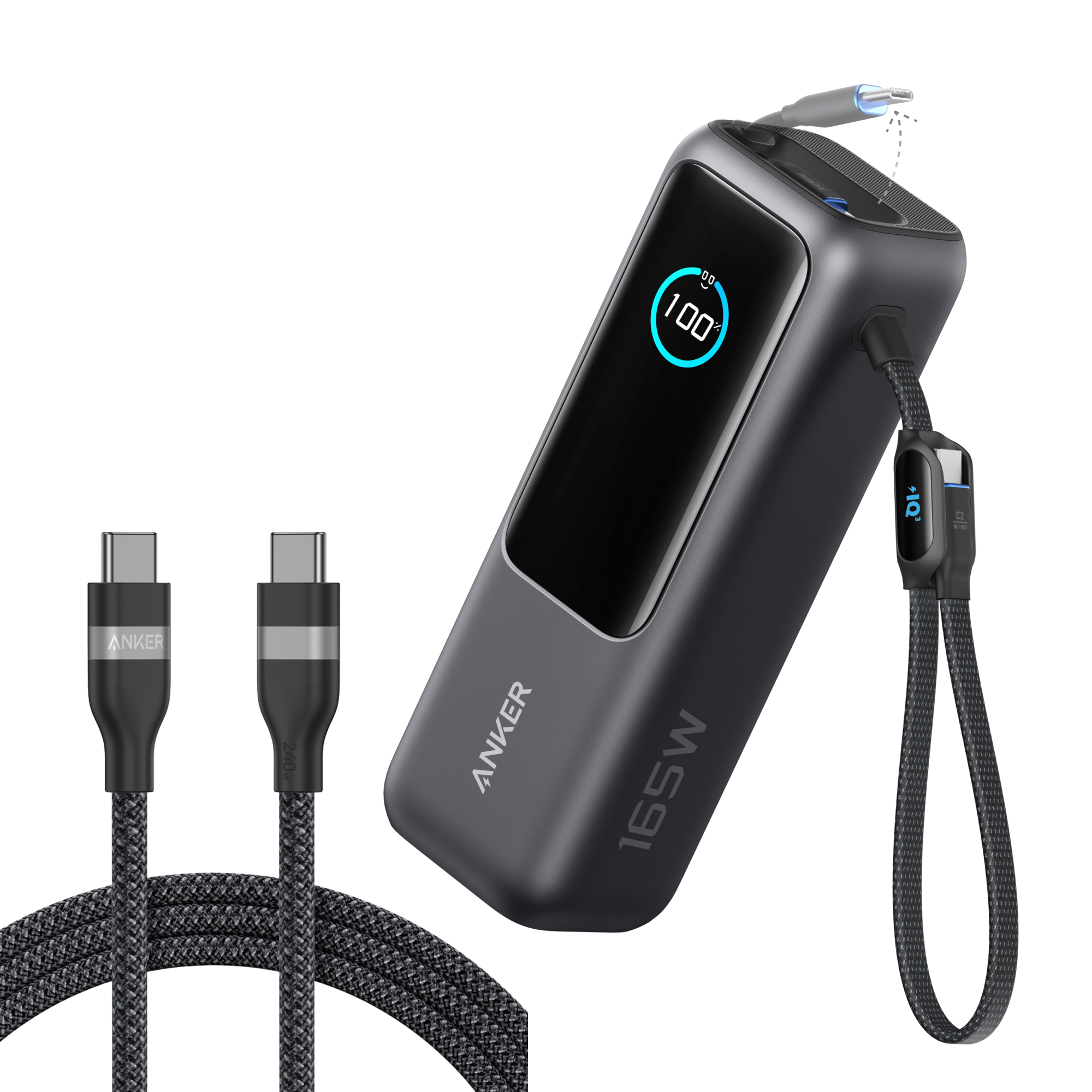 Anker Laptop Power Bank (25K, 165W, Built-In and Retractable Cables) and Anker USB-C to USB-C Cable (6 ft, 240W, Upcycled-Braided)