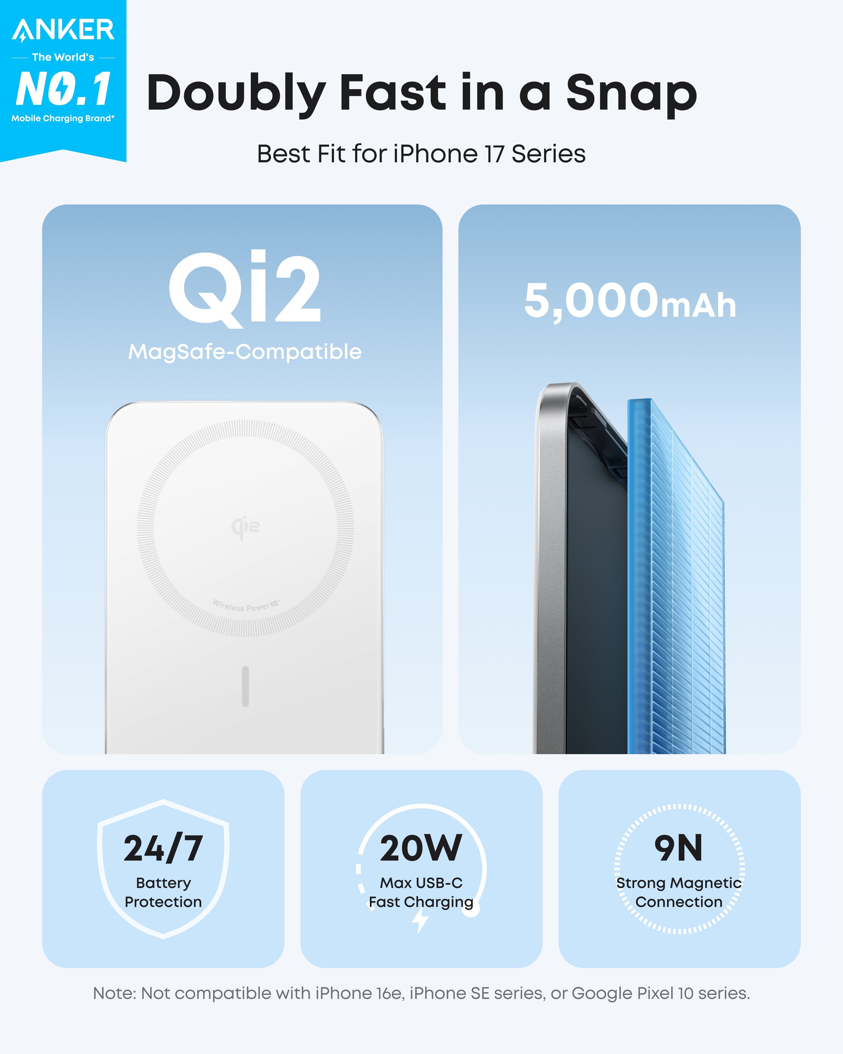 Anker, Qi2 MagSafe-compatible power bank with 5000mAh for iPhone 17.