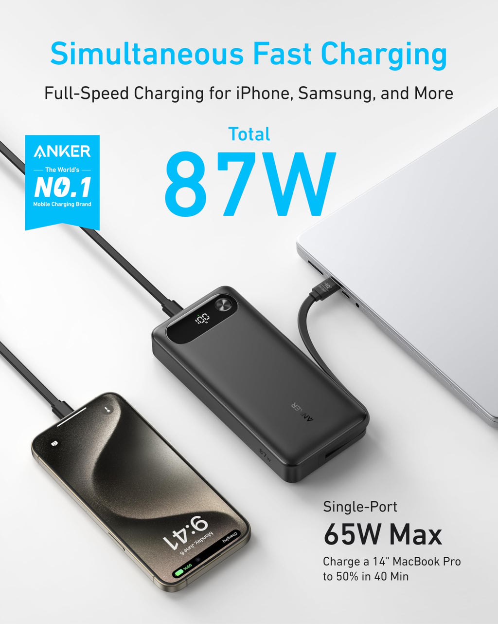 Anker with 87W simultaneous fast charging for laptop and phone.