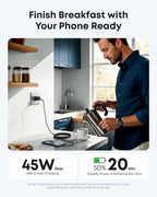 Anker charger with USB-C cable charging Samsung S25 Ultra for breakfast.