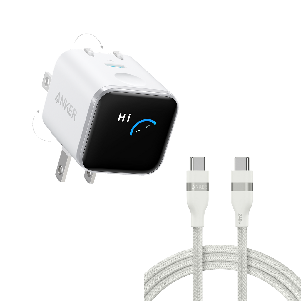Anker Nano Charger (45W, Smart Display, 180° Foldable) and USB-C to USB-C Cable