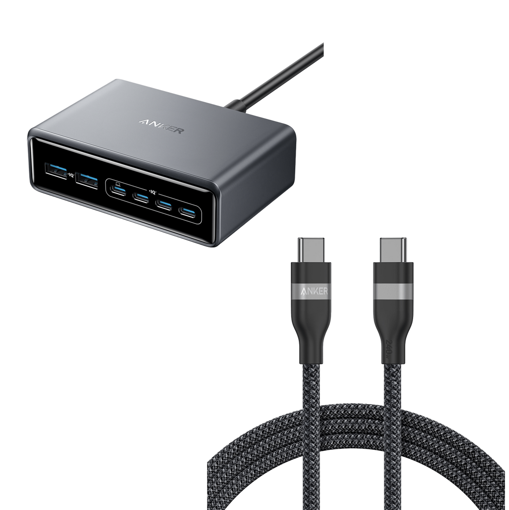 Anker Prime Charger (200W, 6 Ports, GaN)  and Anker USB-C to USB-C Cable (6 ft, 240W, Upcycled-Braided)