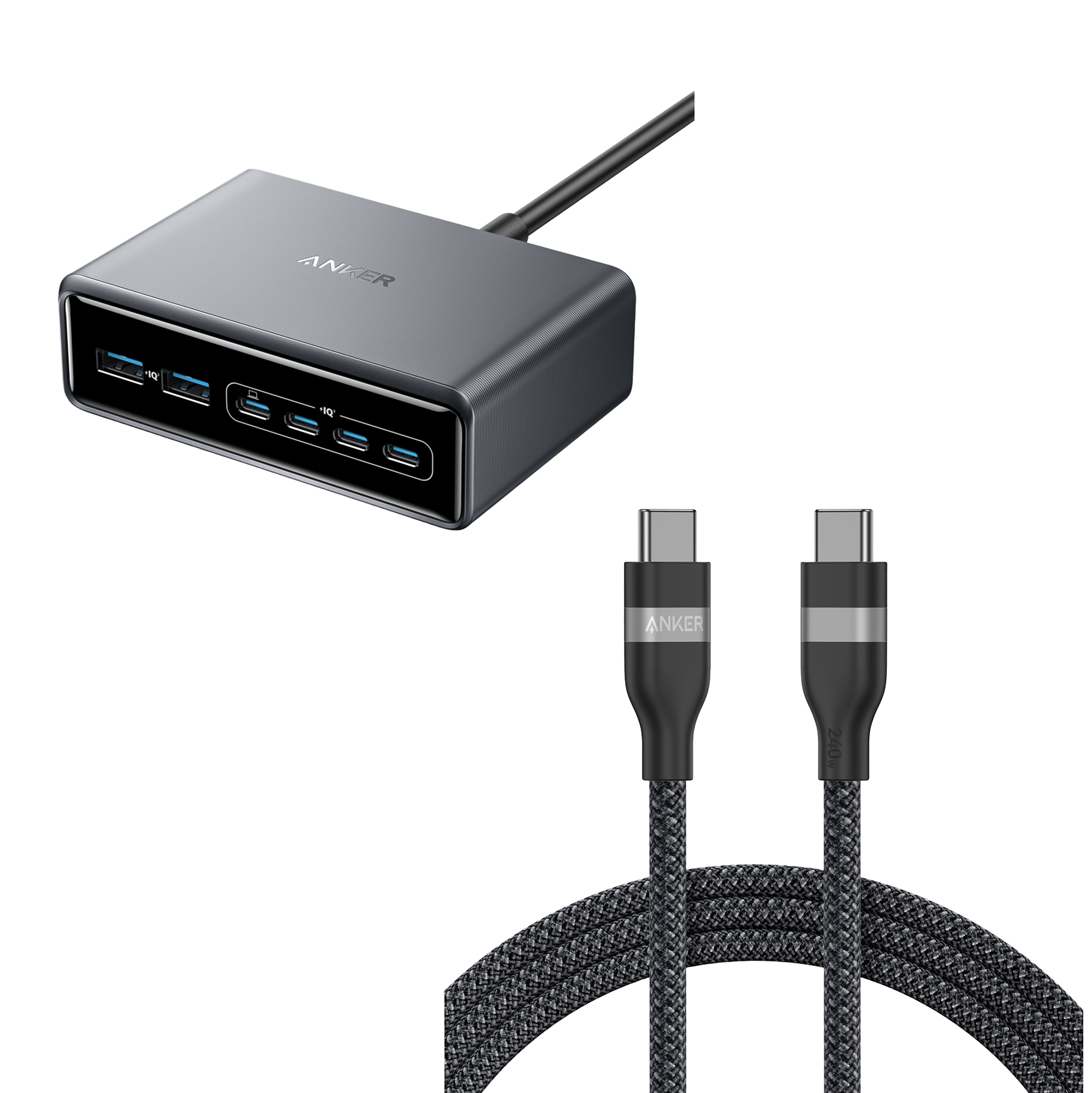 Anker Prime Charger (200W, 6 Ports, GaN)  and Anker USB-C to USB-C Cable (6 ft, 240W, Upcycled-Braided)