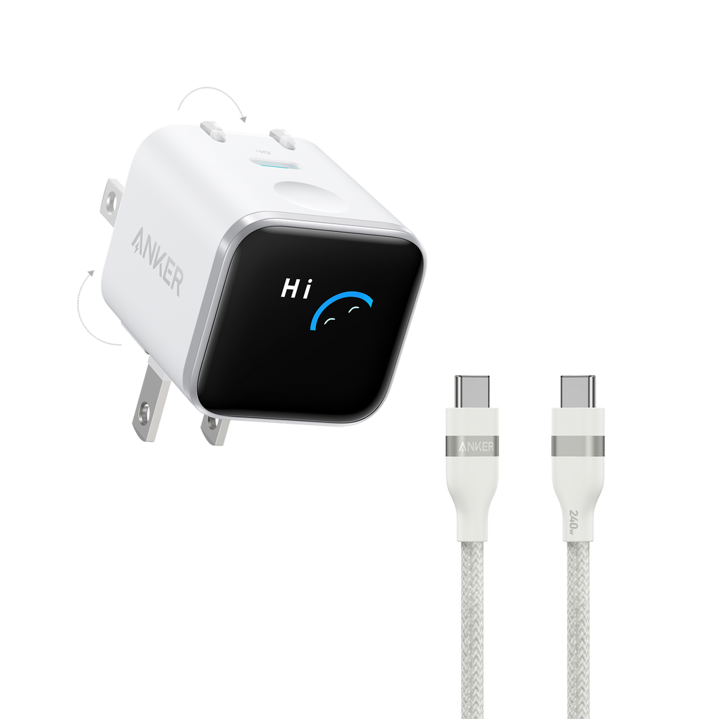 Anker Nano Charger (45W, Smart Display, 180° Foldable) and USB-C to USB-C Cable
