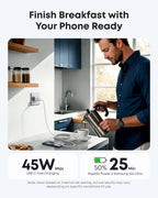 Anker with fast charging cable for breakfast scene