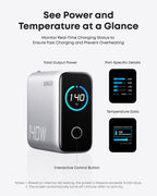 Anker charger screen showing power output and temperature data for safe use
