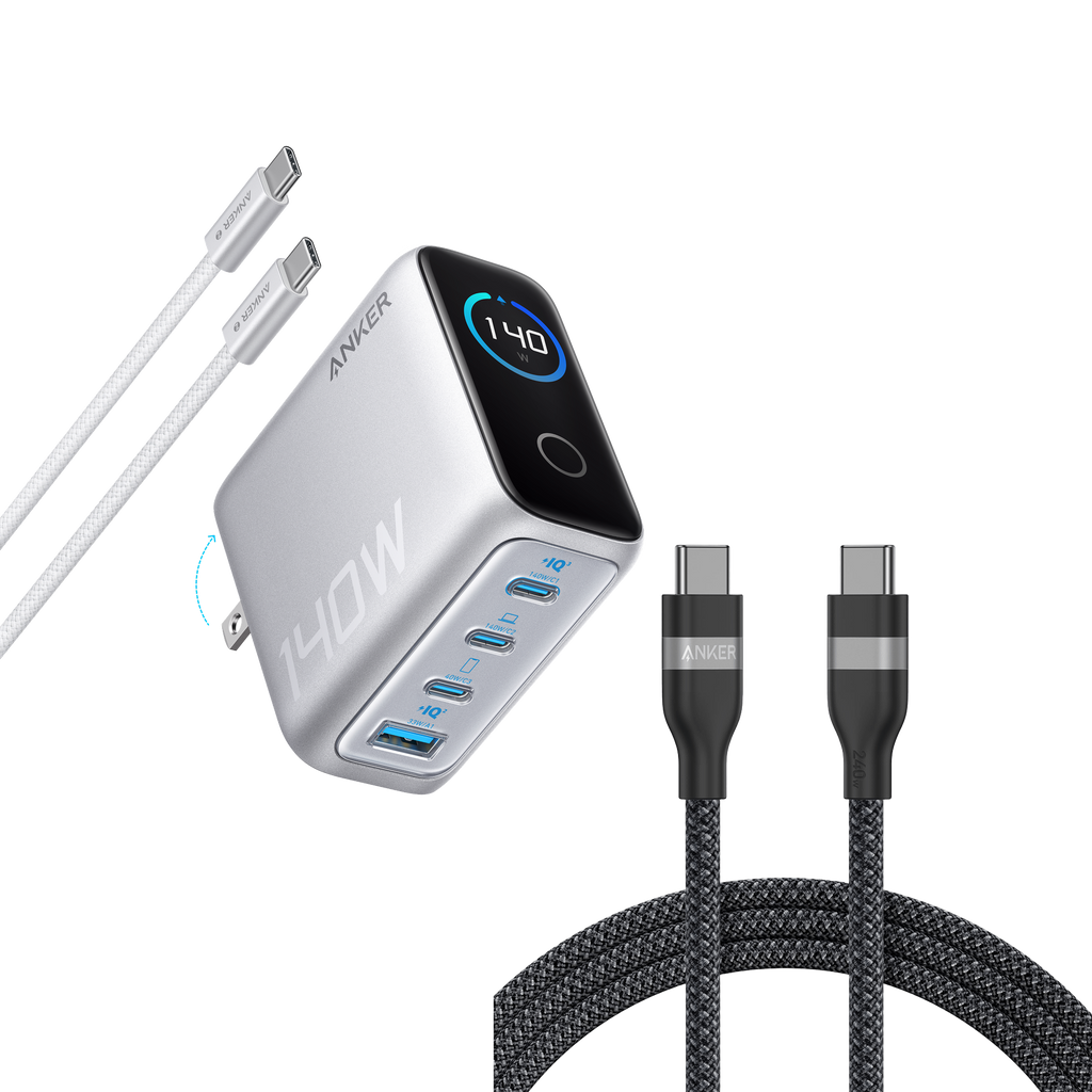 Anker Charger (140W, 4-Port, PD 3.1) with USB-C Cable and Anker USB-C to USB-C Cable (6 ft, 240W, Upcycled-Braided)