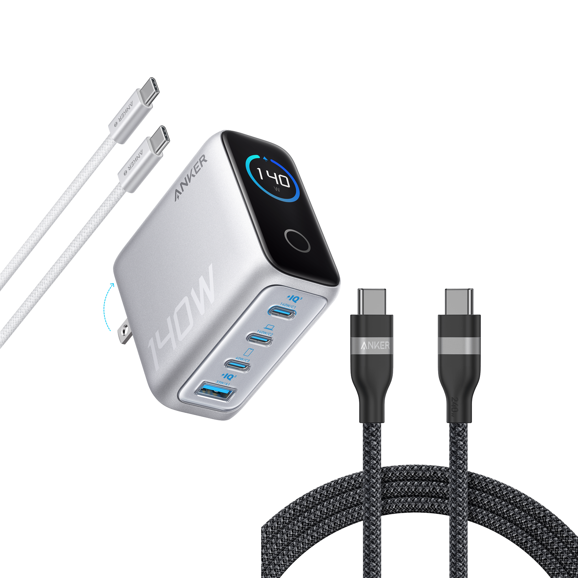 Anker Charger (140W, 4-Port, PD 3.1) with USB-C Cable and Anker USB-C to USB-C Cable (6 ft, 240W, Upcycled-Braided)