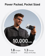 Man holding Anker 10,000mAh power bank for charging iPhone 15