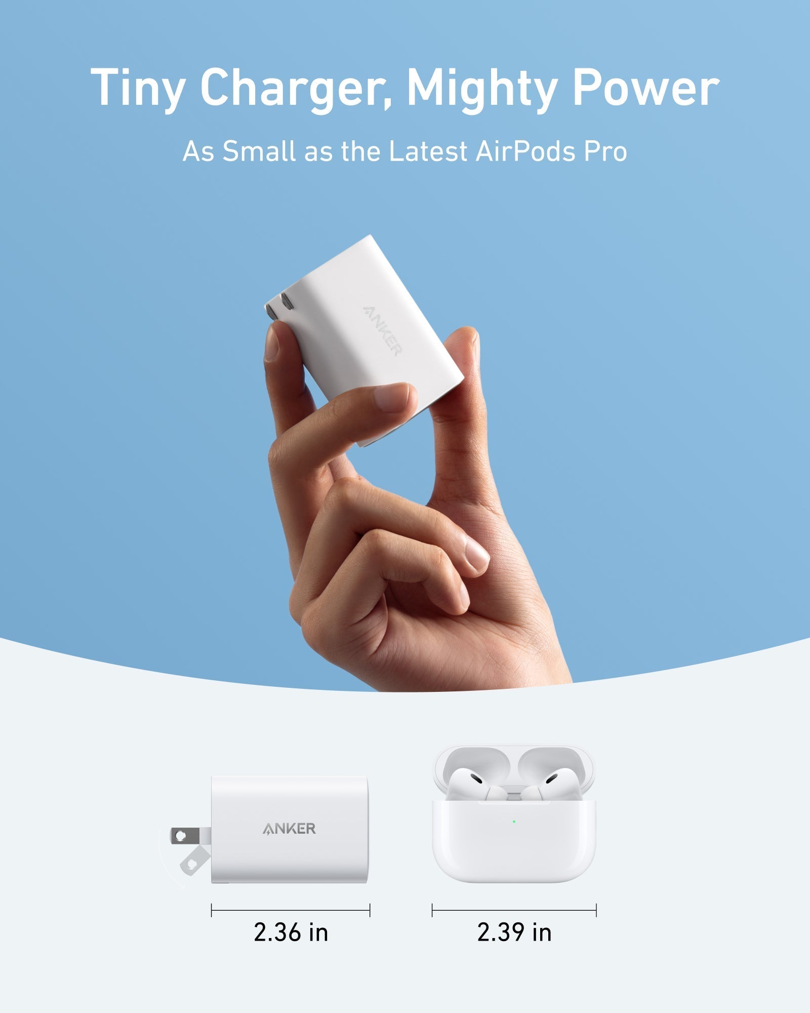 Anker tiny charger held for portable size comparison