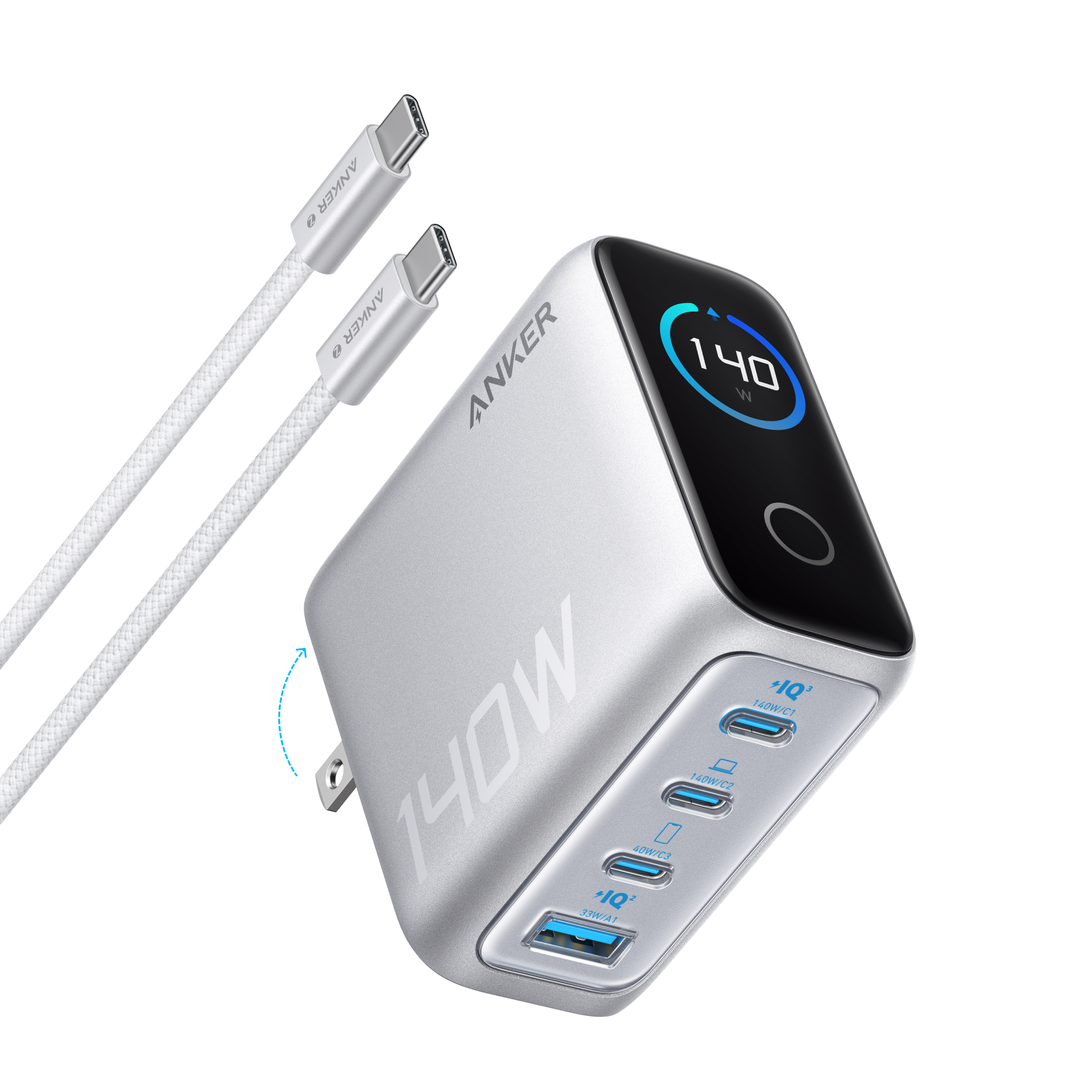 Anker 140W charger with dual USB-C cables for fast charging