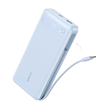 Anker with built-in cable and sleek light blue design.