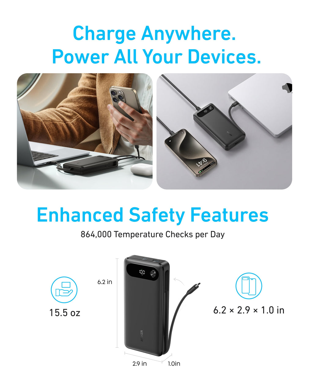 Anker Power Bank (20K, 87W, Built-In USB-C Cable) WM