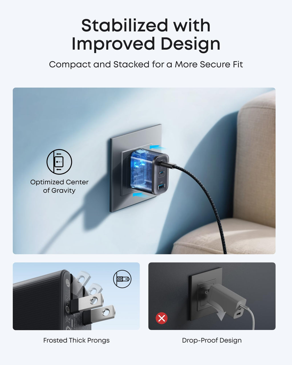 Anker charger with optimized gravity center for secure fit, Anker