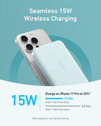 Anker 15W wireless power bank for fast iPhone charging.