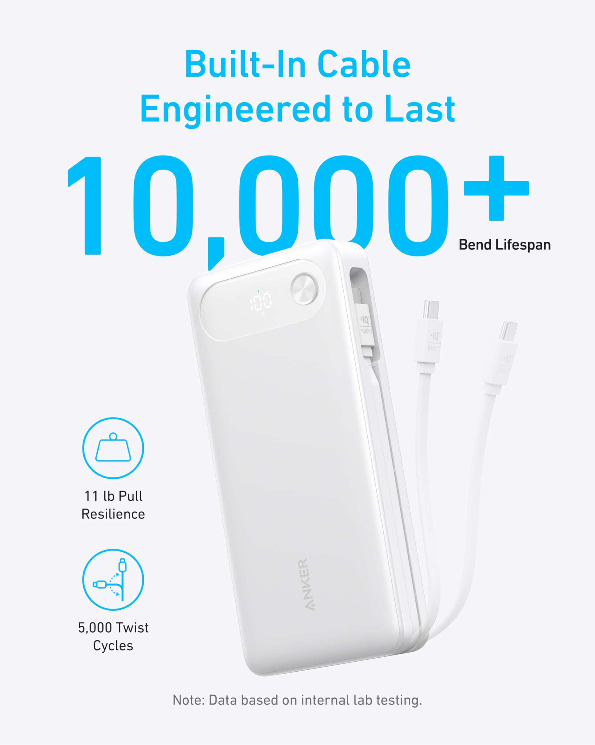 Anker built-in cable designed for 10,000+ bend lifespan, durable charging