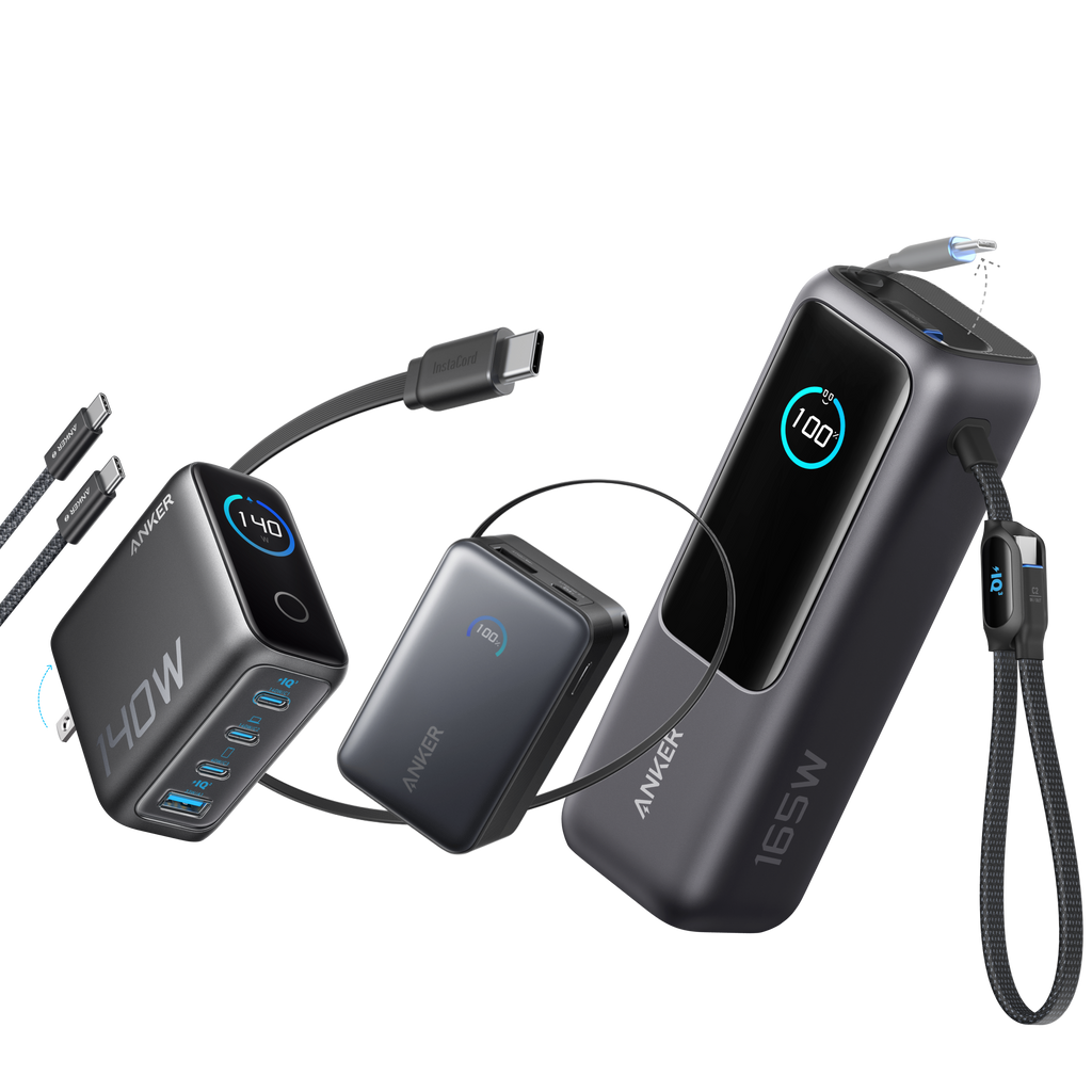 Anker Laptop Power Bank (25K, 165W, Built-In and Retractable Cables) and Anker Laptop Charger (140W, 4-Port, PD 3.1) with USB-C Cable and Anker Nano Power Bank (10K, 45W, Built-In Retractable USB-C Cable)
