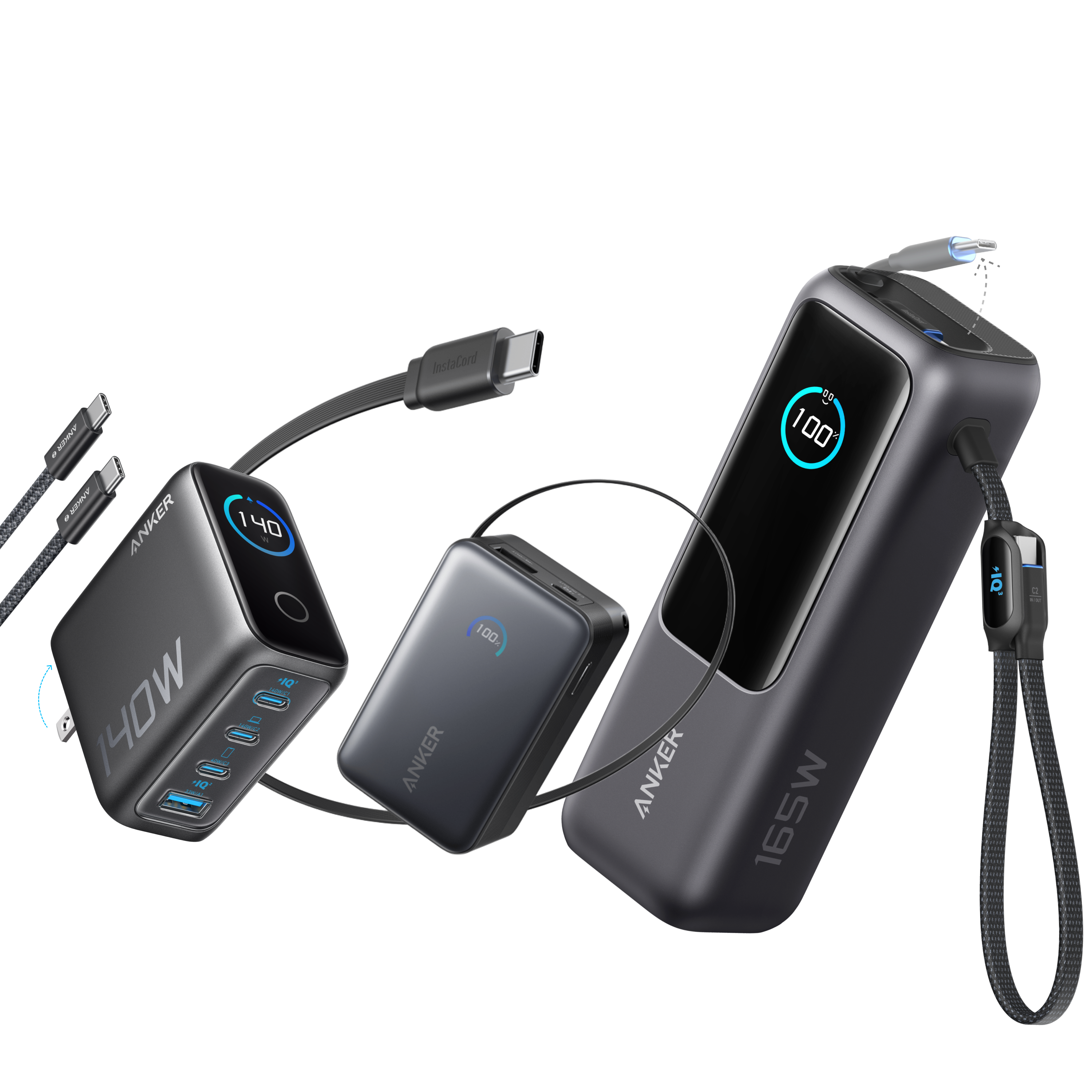 Anker Laptop Power Bank (25K, 165W, Built-In and Retractable Cables) and Anker Laptop Charger (140W, 4-Port, PD 3.1) with USB-C Cable and Anker Nano Power Bank (10K, 45W, Built-In Retractable USB-C Cable)