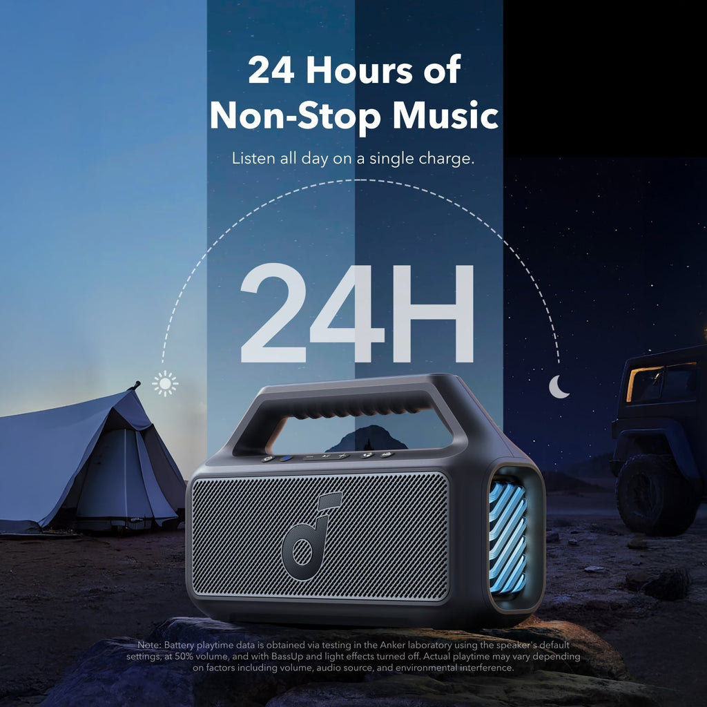 soundcore outdoor speaker with 24-hour non-stop music outdoors
